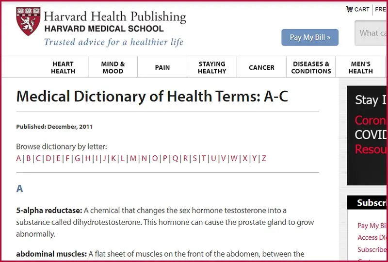 Giao diện từ điển Medical Dictionary of Health Terms - Harvard Medical School