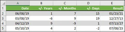 Dùng hàm DATE để thêm hoặc trừ năm, tháng hoặc ngày đến/từ một ngày.