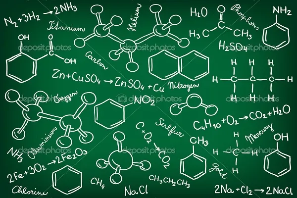 Chemistry background - molecule models and formulas, hand-drawn illustration