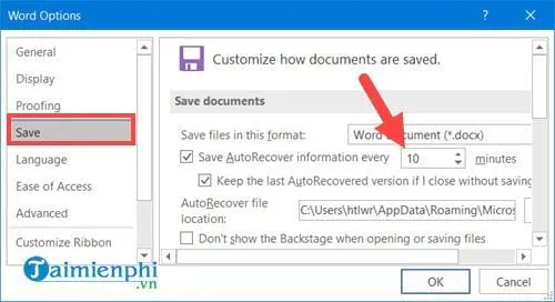 thay doi thoi gian tu dong luu tren word auto save word 4