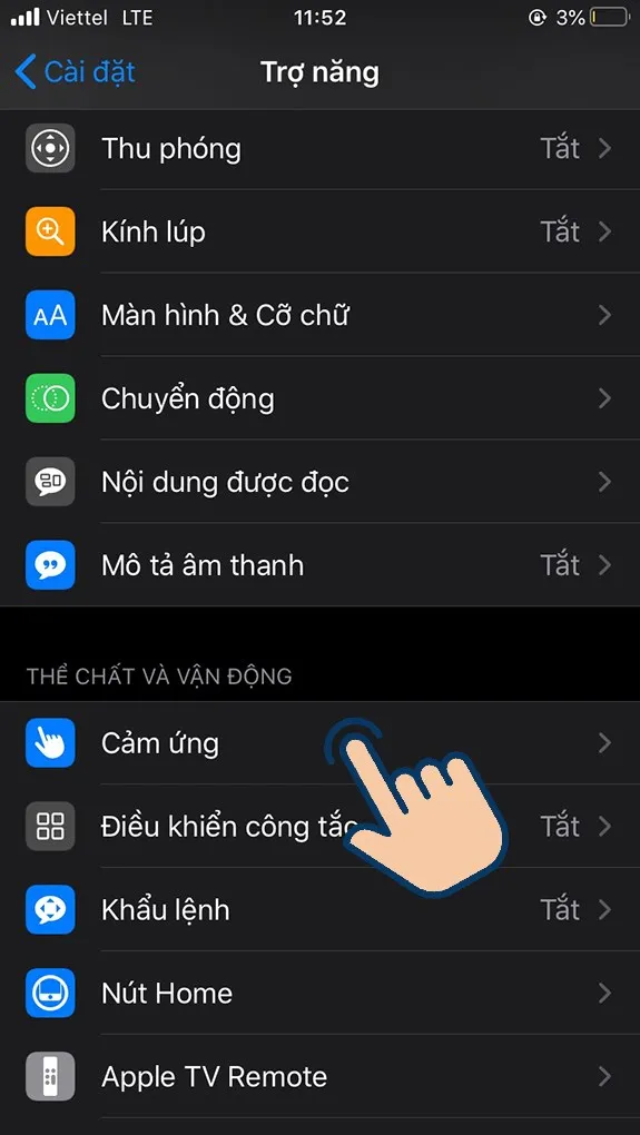 họn vào Cảm ứng.