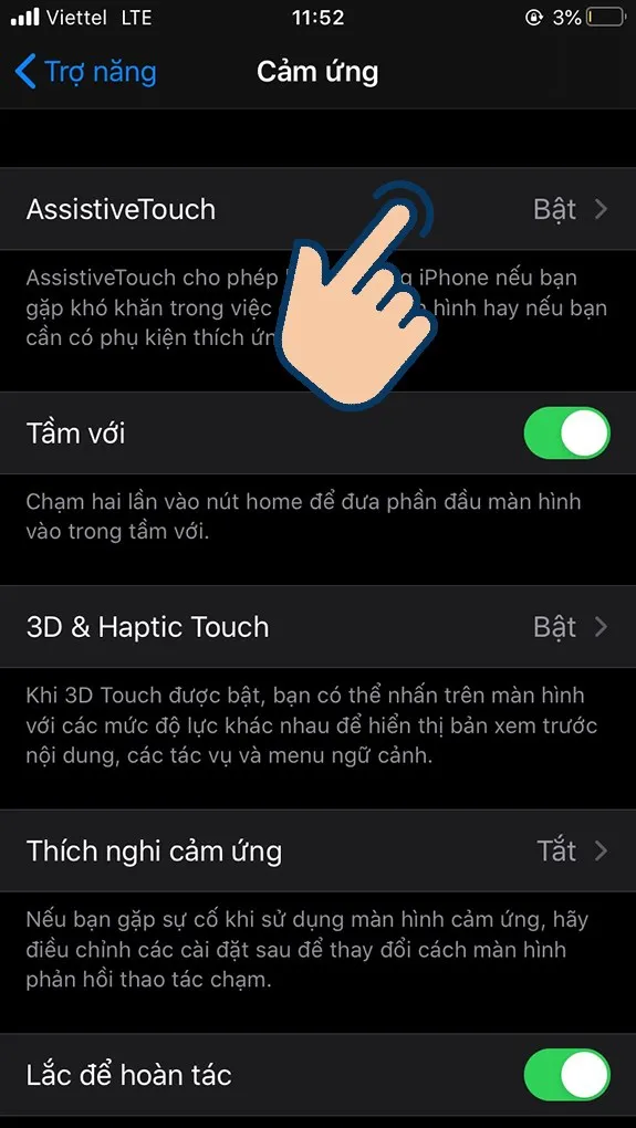 Bật AssistiveTouch để bật xuất hiện nút Home ảo.