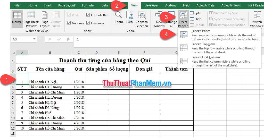 Chọn mục Freeze Panes