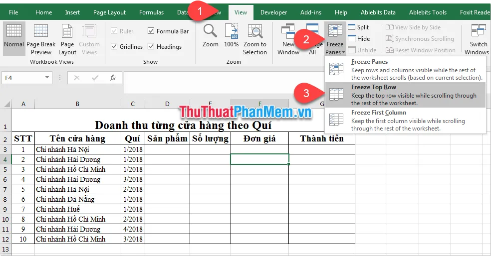 Chọn mục Freeze Top Row