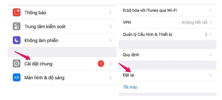 Chạy chương trình iPhone khôi phục lại cài đặt gốc nhấn " Cài đặt chung"