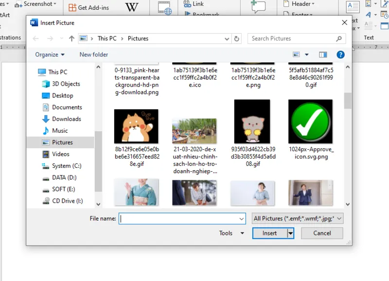Hộp thoại Insert Picture xuất hiện