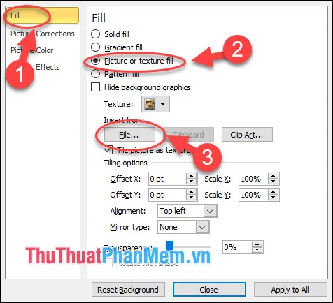Tích chọn Picture or texture fill, tại File - chọn một ảnh để chèn vào slide