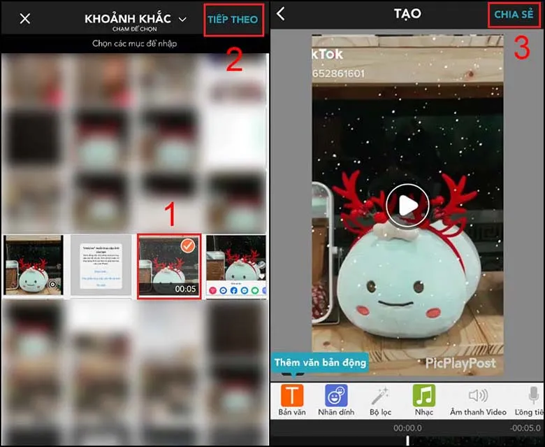 Dùng ứng dụng PicPlayPost cách cài hình nền video cho iPhone 6 ấn nút tiếp theo và chia sẻ