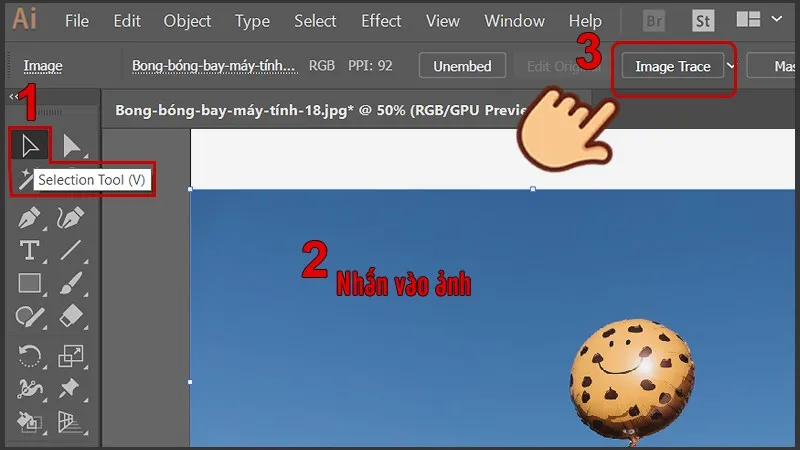 Dùng công cụ Selection Tool và chọn vào ảnh để hiện Image Trace