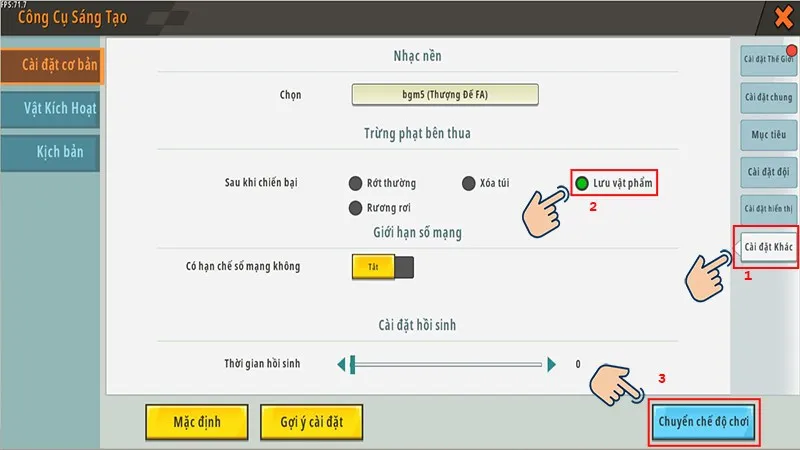 chọn vào mục Cài đặt khác,chọn vào Lưu vật phẩm và cuối cùng nhấn Chuyển chế độ chơi.
