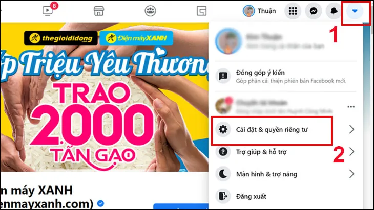 Đầu tiên bạn nhấp vào biểu tượng Mũi tên trên Facebook và chọn Cài đặt