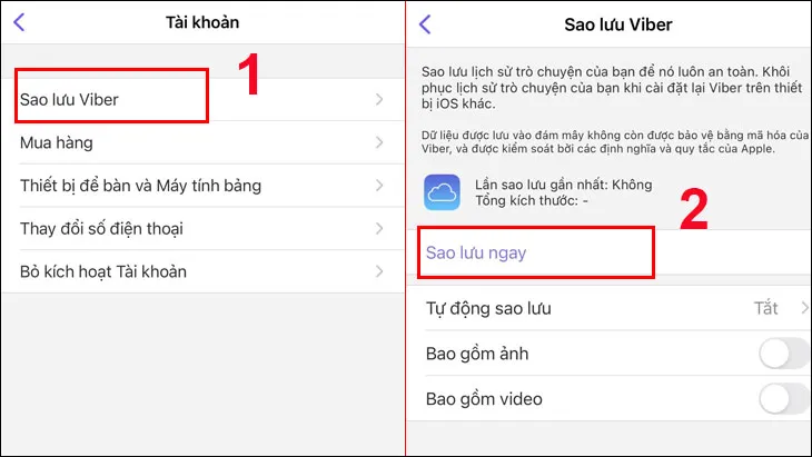 Trong phần quản lý tài khoản chúng ta sẽ thấy tùy chọn Viber Backup (Sao lưu Viber) Backup now (Sao lưu ngay)