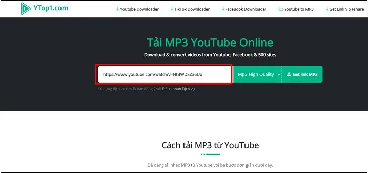 Sao chép đường link YouTube cần tải nhạc và dán vào trang Ytop1