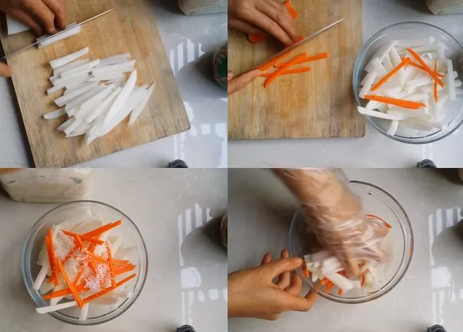 ướp muối và bóp đều hỗn hợp củ cải cà rốt