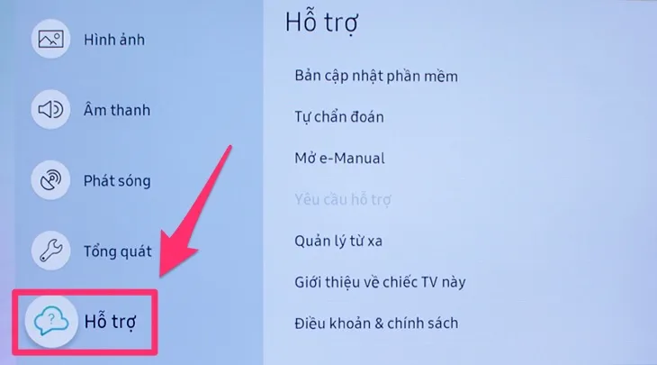 Mục cài đặt - hỗ trợ trên tivi Samsung