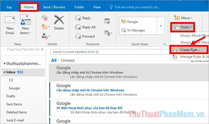 Hoặc chọn thẻ Home - Rules - Create Rule
