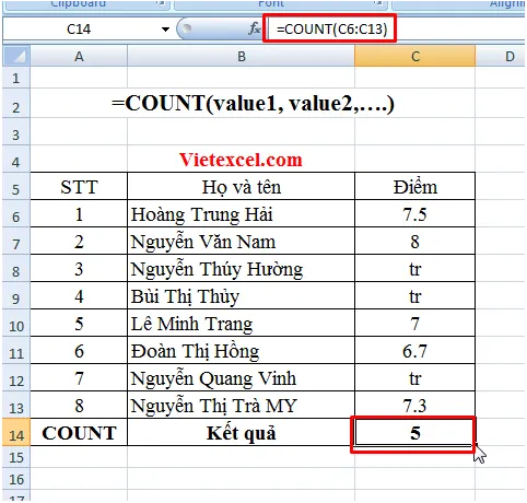 Hàm COUNT  Hàm đếm số lượng các ô có chứa số và ví dụ chi tiết -  Vietexcel.com