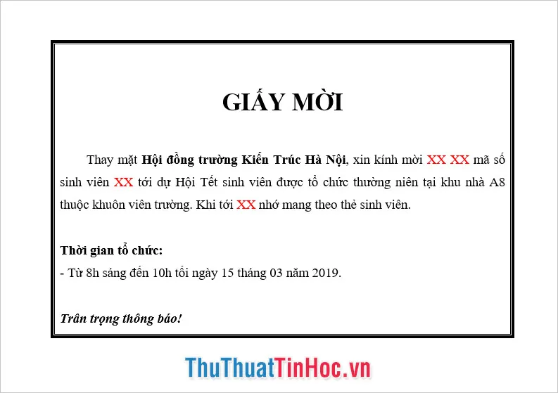 Một file Word soạn thảo form của bức thư mời