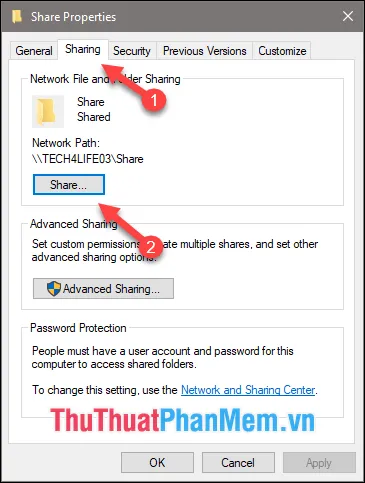 Chia sẻ thư mục bằng cách chọn mục Share trong cửa sổ Properties