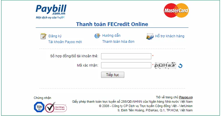 Thanh toán thẻ tín dụng FE CREDIT qua Payoo bước 1