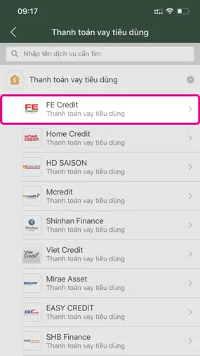 Bấm chọn biểu tượng FE CREDIT trong ứng dụng
