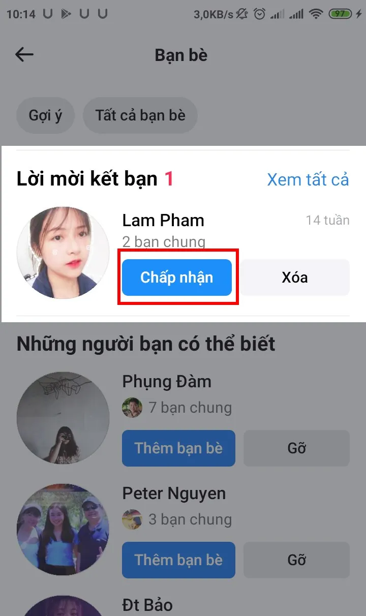 Chọn chấp nhận tại mục lời mời kết bạn