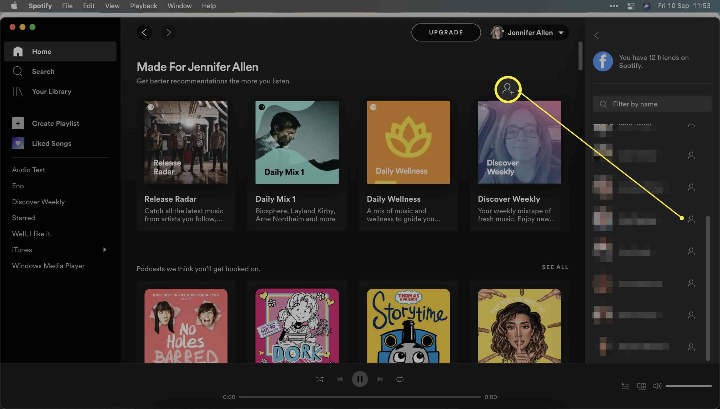 Spotify with Add Friend icon highlighted