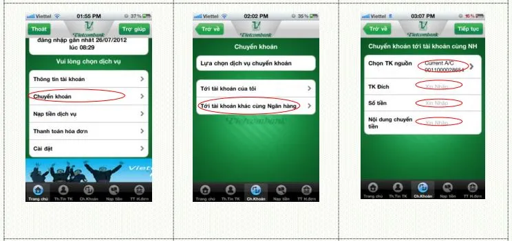 Hướng dẫn chuyển khoản bằng vietcombank mobile