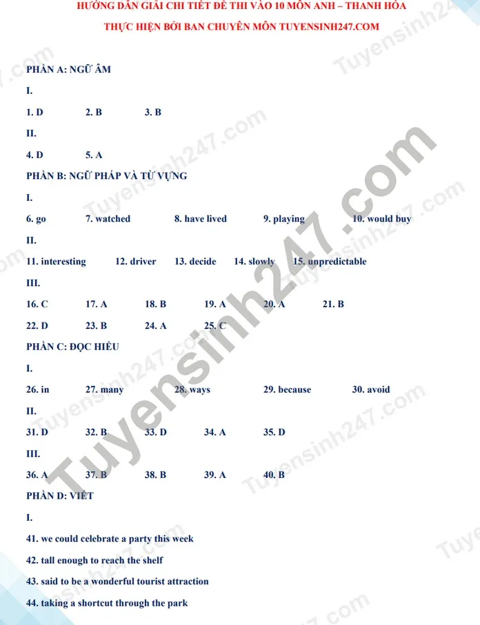 Đáp án đề thi tuyển sinh lớp 10 môn tiếng anh tỉnh thanh hóa năm 2021