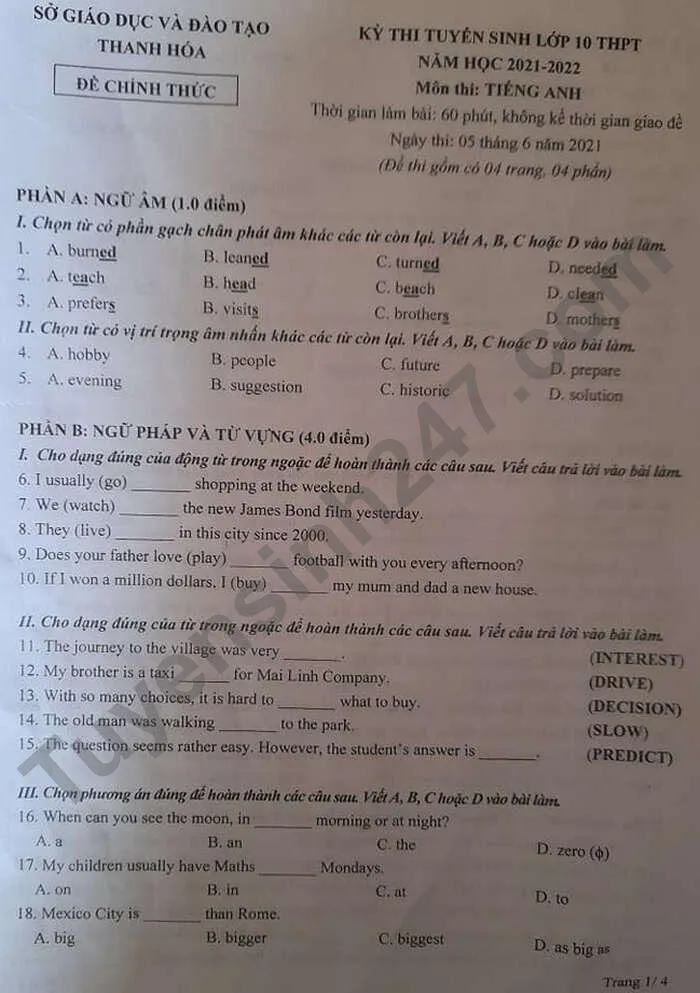 Đáp án đề thi tuyển sinh lớp 10 môn tiếng anh tỉnh thanh hóa năm 2021