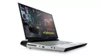 Alienware Area-51m R2 gaming laptop shown almost side-on with Cyberpunk 2077 on screen