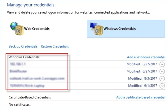 delete the saved credentials in credential manager