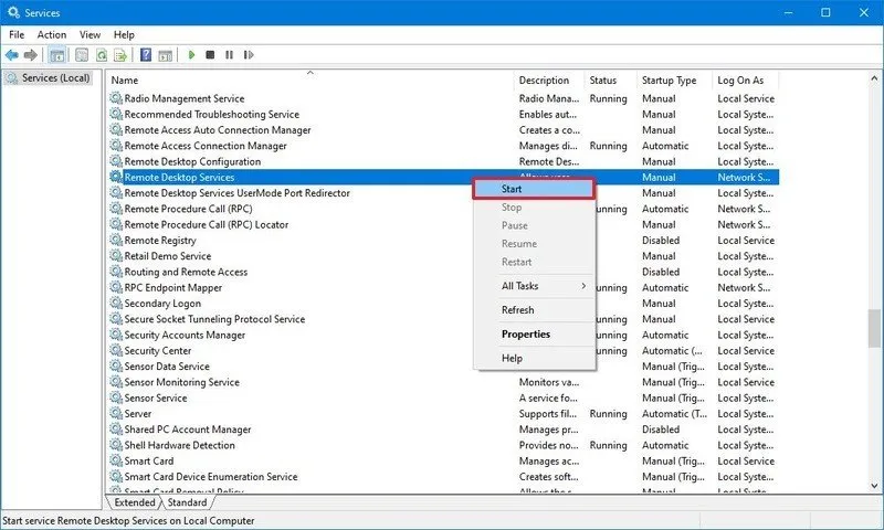 Windows 10 start remote desktop services