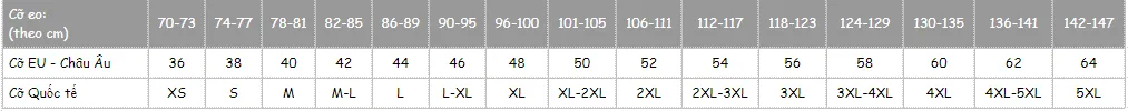 bảng size quần dài, quần ngắn, quần thể thao, quần bơi