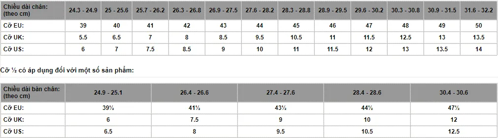 bảng size giày nam