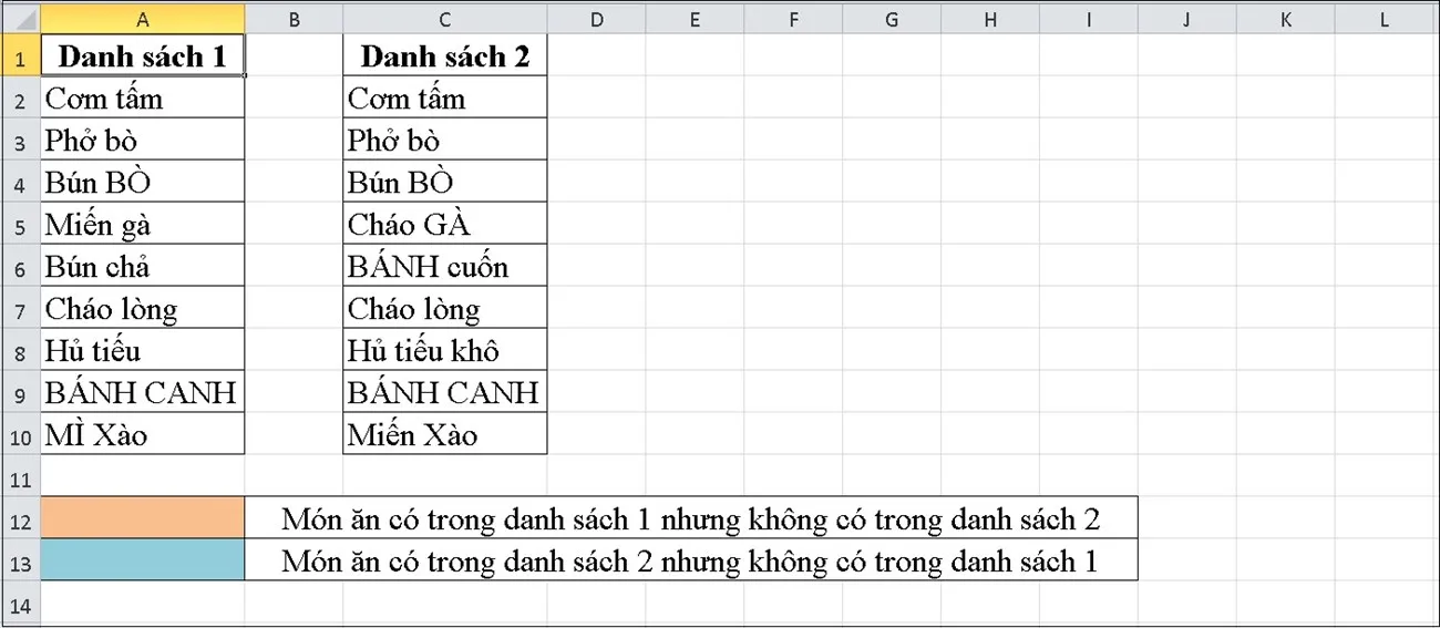 So sánh dữ liệu giữa danh sách 1 và danh sách 2